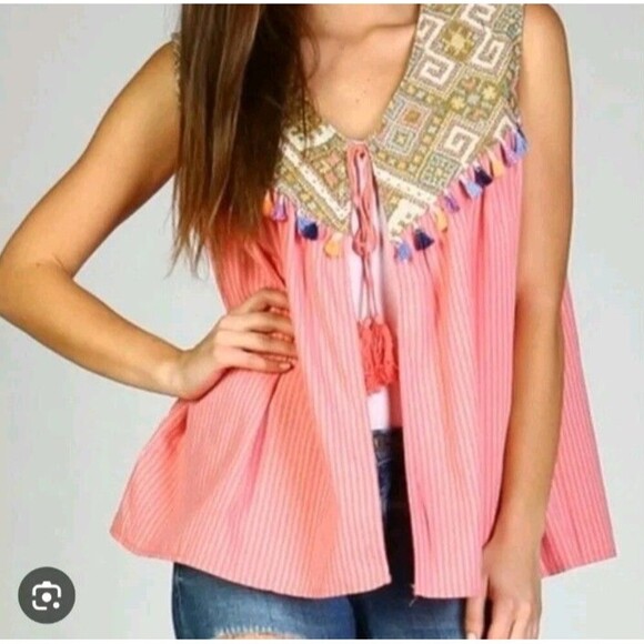 Velzera Womens BOHO Top Size 1X Coral Tassel Tie Vest Oversized 184 - Picture 1 of 9